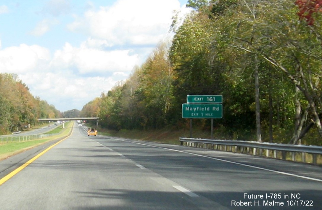 Image of ground mounted 1 mile advance sign for the Mayfield Road exit on US 29 (Future I-785) North in Rockingham County, October 2022