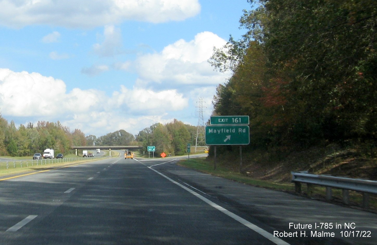 Image of ground mounted ramp sign for the Mayfield Road exit on US 29 (Future I-785) North in Rockingham County, October 2022