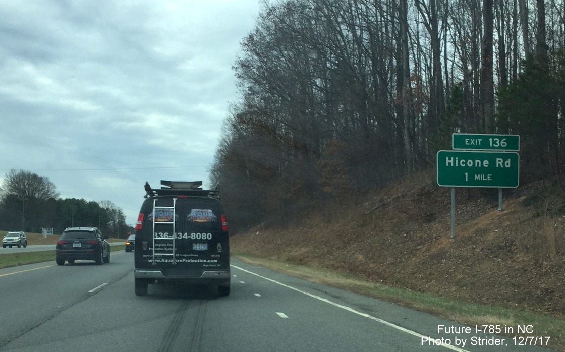 Image of ground mounted 1 mile advance sign for Hicone Road exit on US 29 (Future I-785) South in Greensboro, photo by Strider, December 2017