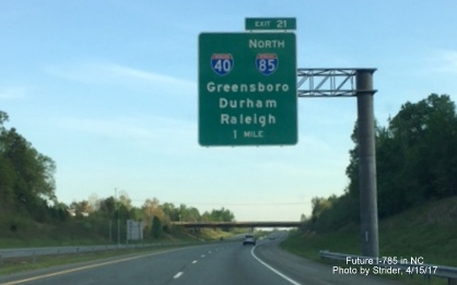 Image of new overhead sign for I-40/I-85 along South I-785 Greensboro Loop, by Strider