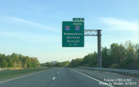 Image of new 1/2 mile advance sign for I-40/I-85 exit at southern end of I-785 Greensboro Loop, from Strider