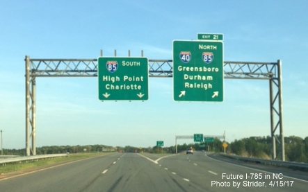 Image of new signs on exit ramp from I-785 South Greensboro Loop at I-40/I-85 interchange