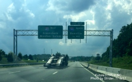 New overhead signage for I-785 exit on I-40 West approaching Greensboro Loop, by Strider