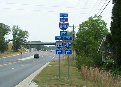 Image of Future I-840, I-85 and I-40 trailblazers placed at US 70 East ramp to Greensboro Loop in 2002