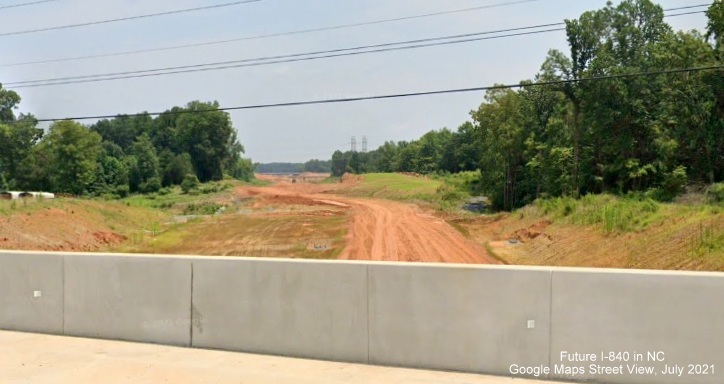 Image of view looking east along future I-840/Greensboro Loop from completed North Church Street bridge, Google Maps Street View, July 2021