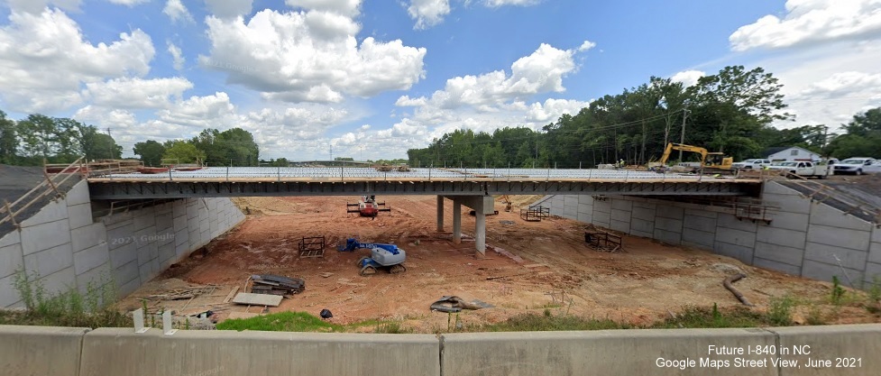 Image of view east of Summit Avenue bridge being constructed for future I-840/Greensboro Urban Loop, Google Maps Street View, June 2021