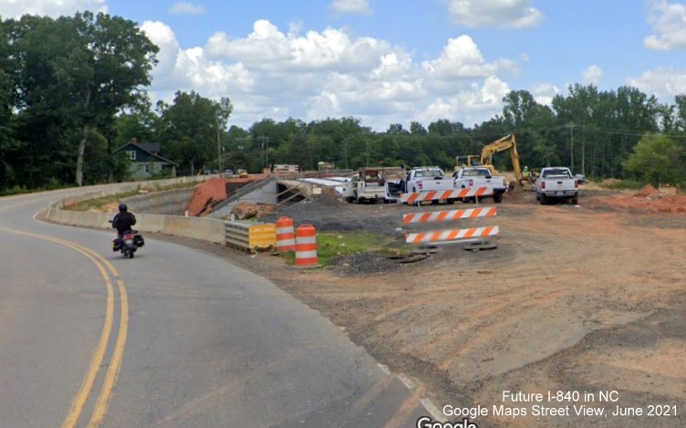 Image of view of Summit Avenue being temporarily detoured for bridge being constructed for future I-840/Greensboro Loop, Google Maps Street View, June 2021