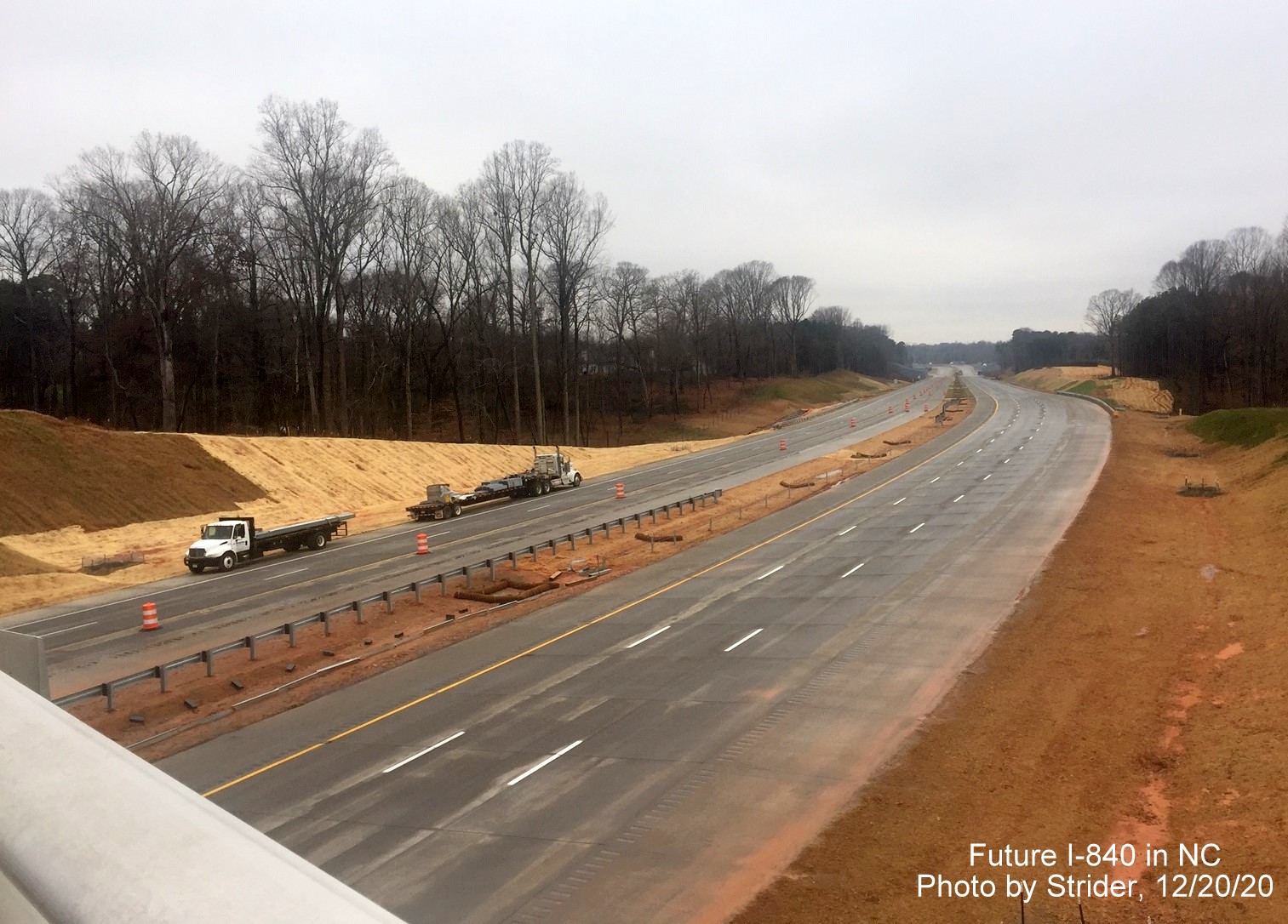 Image of new lane markings being placed along soon to be opened section of I-840 Greensboro Urban Loop between Lawndale Drive and North Elm Street, photo by Strider, December 2020