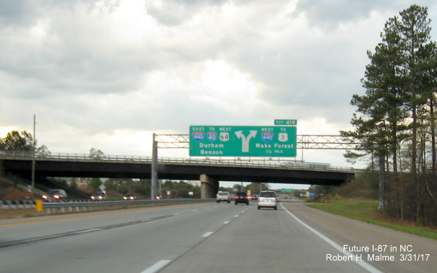 Image taken of current exit signage at interchange of the Knightdale Bypass and I-440 along Future I-87 South