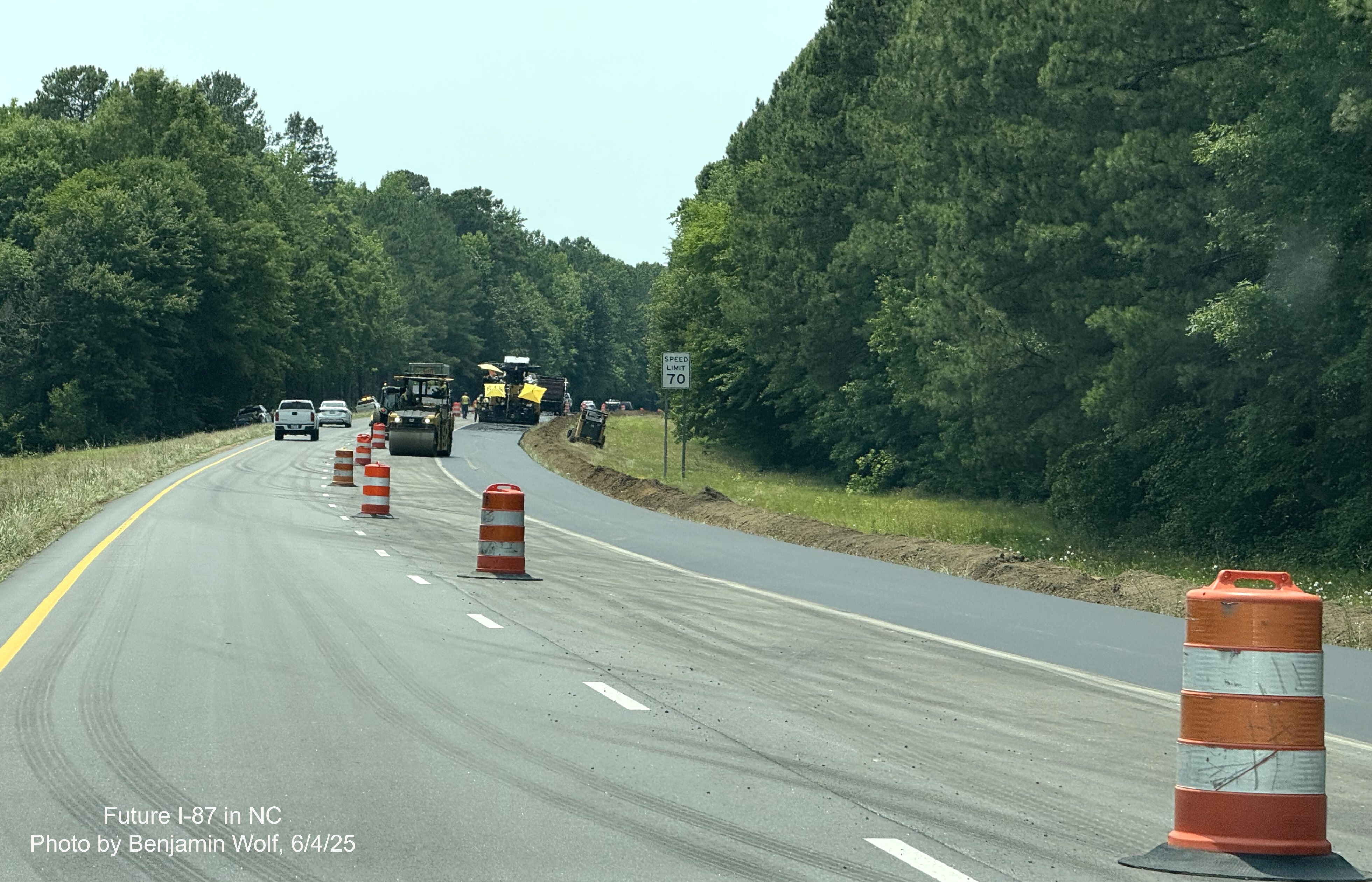 Image of construction of interstate standard shoulders on US 64 West (Future I-87 South)
		between the NC 58 and Alt./Bus 64 exits in Nashville, Benjamin Wolf, June 2025