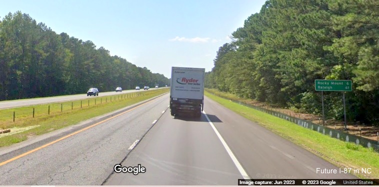 Image of new interstate standard shoulder after exit for Kingsboro Road on US 64 West, Google Maps Street View, June 2023