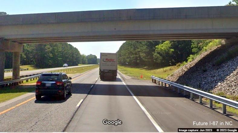 Image of end of new interstate standard shoulders at Thomas Road bridge on US 64 West, Google Maps Street View, June 2023