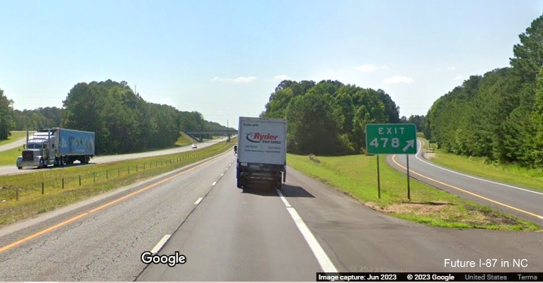 Image of beginning of new interstate standard shoulder at exit ramp for Kingsboro Road on US 64 West, Google Maps Street View, June 2023