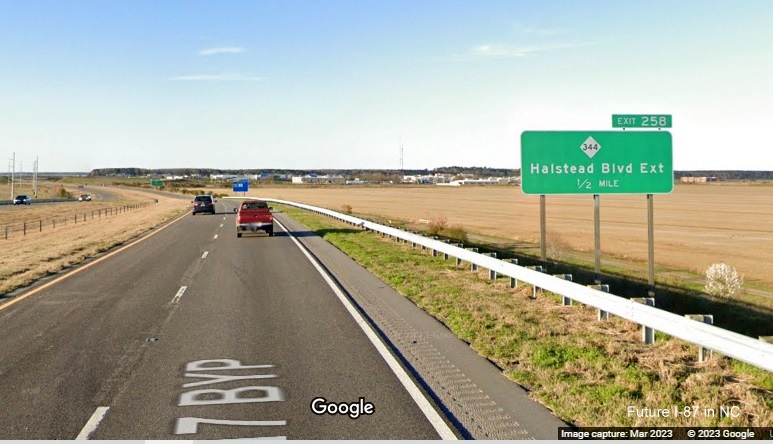 Image of 1/2 mile advance sign for NC 344 exit on US 17 North/Elizabeth City Bypass, Google Maps Street View, March 2023