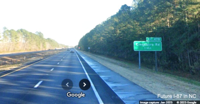 Image of widened shoulders on US 64 East (Future I-87 North) at 1 Mile advance sign
		for Kingsboro Road, Google Maps Street View, January 2025