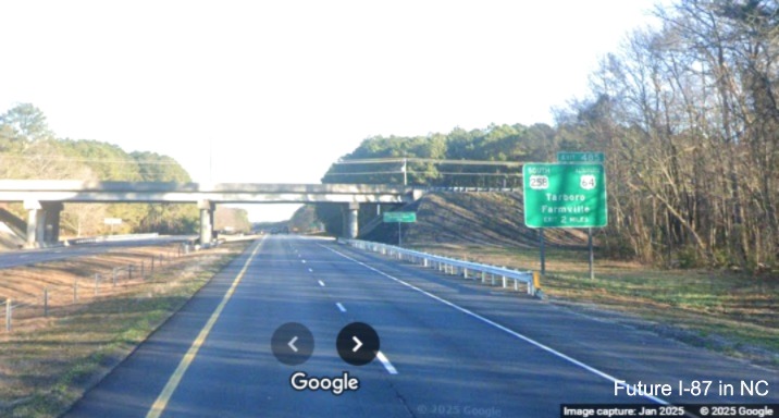 Image of widened shoulders on US 64 East (Future I-87 North) at 2 Miles advance sign
		for US 258/Business 64 exit in Tarboro, Google Maps Street View, January 2025