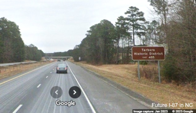 Image of widened shoulders on US 64 East (Future I-87 North) at brown auxiliary sign
		for US 258/Business 64 exit in Tarboro, Google Maps Street View, January 2025