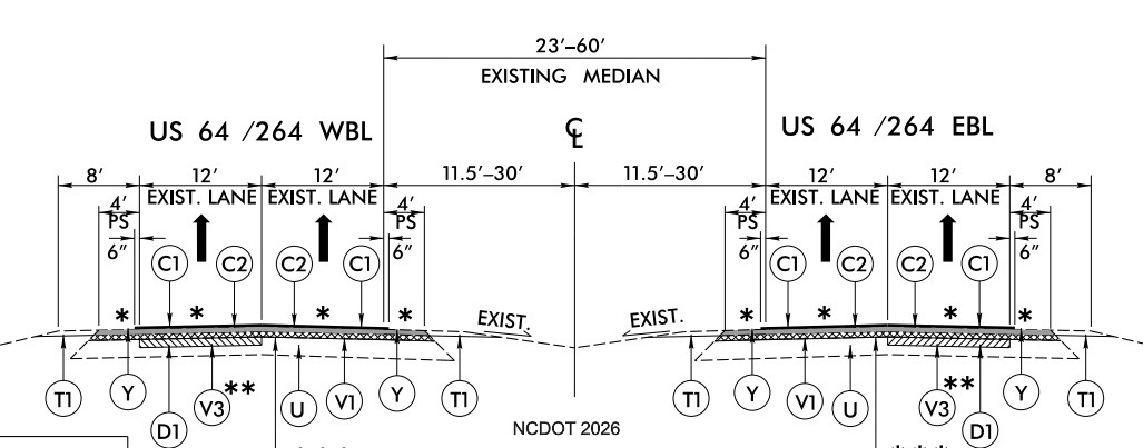 Image of NCDOT Roadway Plan for typical section of US 64/264 as part of 2026
		  Pavement Rehabilitation contract, January 2026