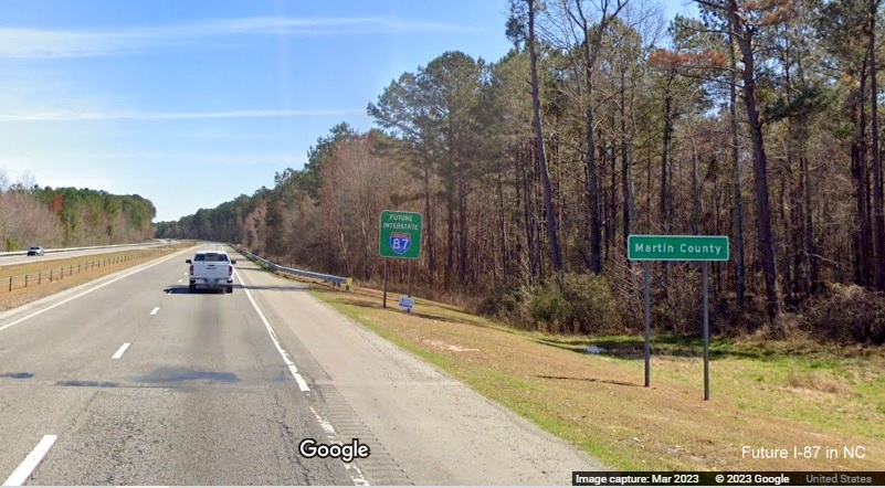 Image of Future I-87 sign along US 64 East after crossing Martin County line, Google Maps Street View, March 2023