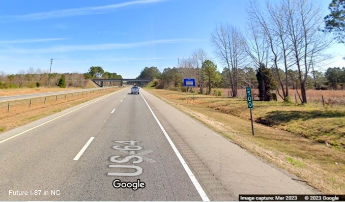 Image of Mile 500 marker along US 64 East in Martin County, Google Maps Street View, March 2023