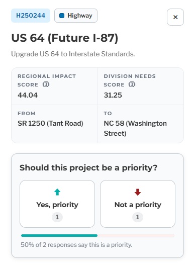 NCDOT listing for US 64 (Future I-87) Project in Nash County from interactive 
		map, July 2026