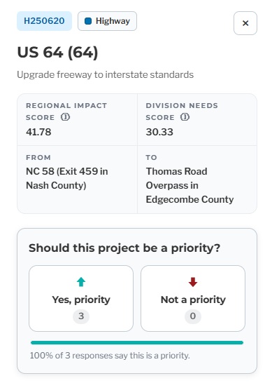 NCDOT listing for US 64 (Future I-87) Project in Nash County from interactive 
		map, July 2026