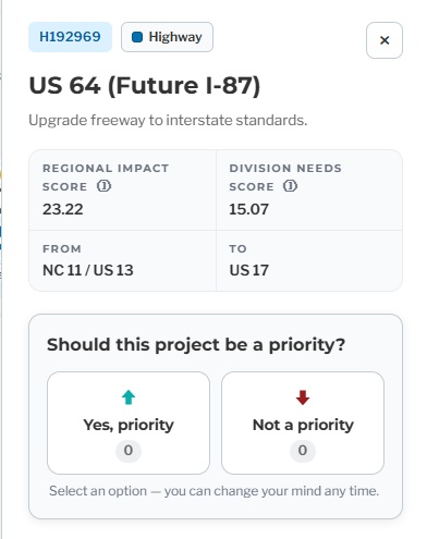 NCDOT listing for US 64 (Future I-87) Project in Edsgcombe County from interactive 
		map, July 2026