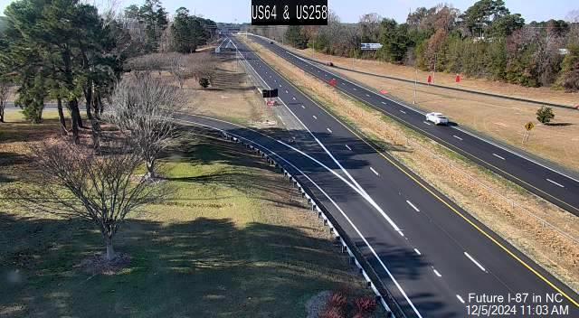 NCDOT traffic camera image of new wider shoulder along US 64 West at McNair Road December 2024