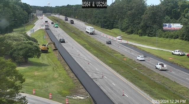 NCDOT traffic camera image of shoulder widening along US 64 (Future I-87) at US 258 exit, August 2024