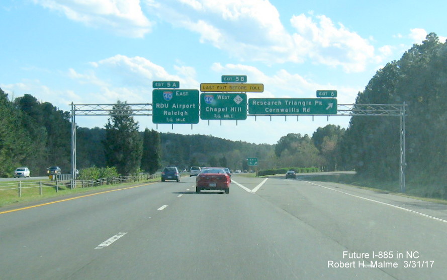 Image of overhead exit signage for I-40 exit on NC 147 (Future I-885) South in Research Triangle Park