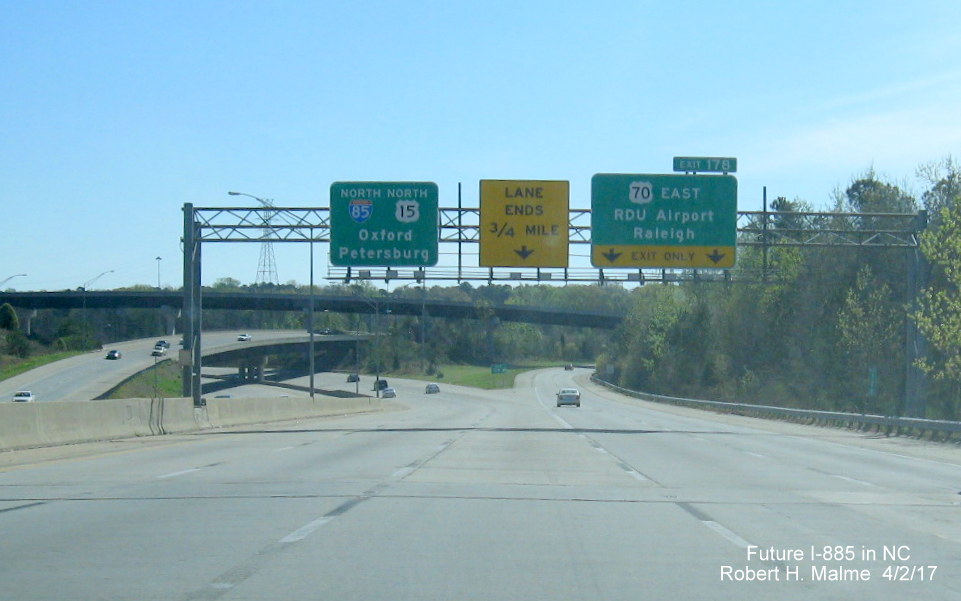 Image taken of overhead exit signage on I-85/US 15 North at US 70 West (Future Interstate 885 South) interchange in Durham
