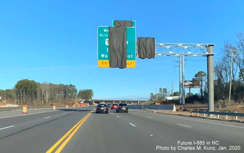 Image of recently placed overhead sign for West Business US 70/NC 98 on US 70 West/Future I-885 North in Durham, by Charles M. Kunz, Jan. 2020