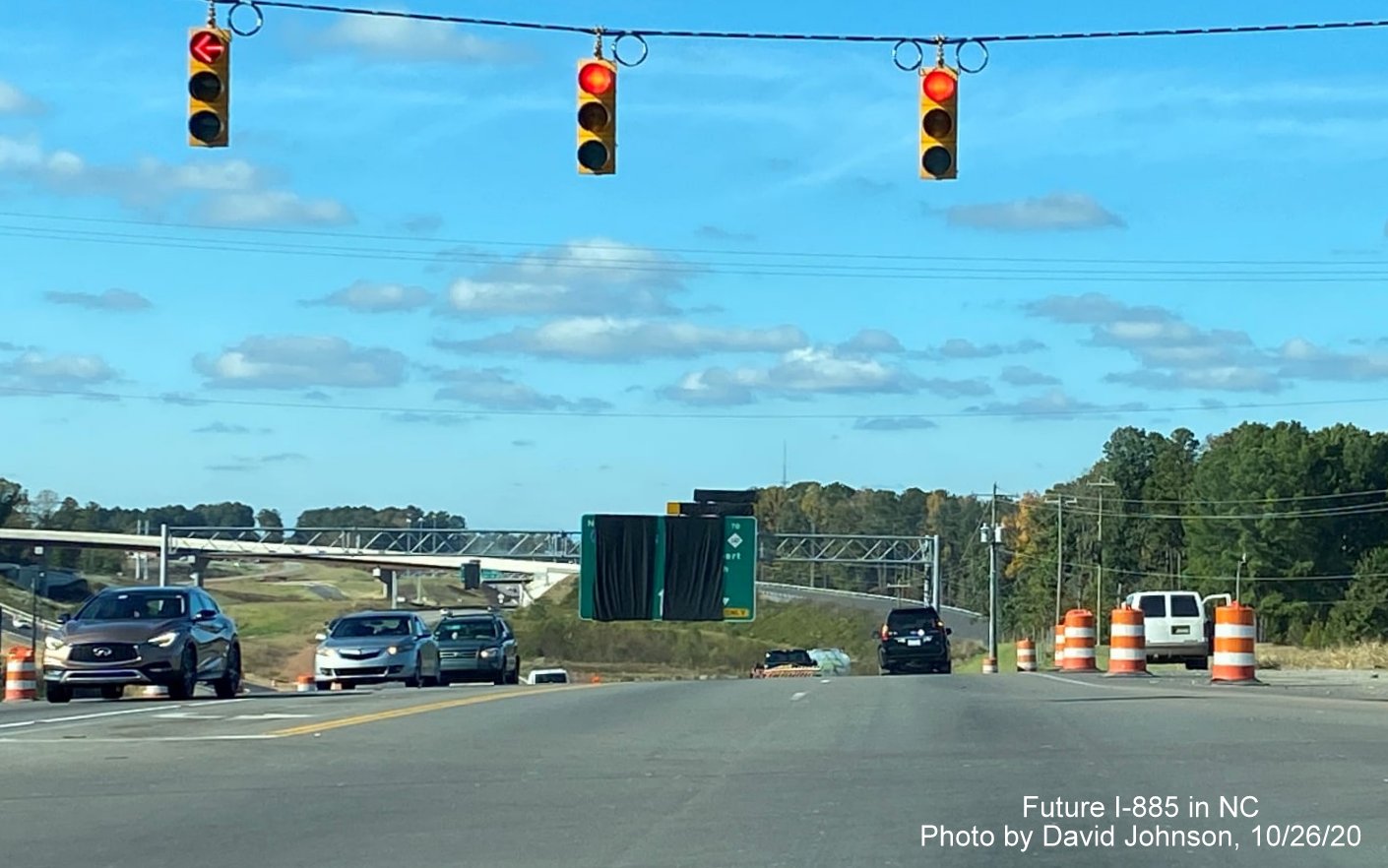Image of future US 70 East/I-885 East End Connector interchange seen across intersection with Lynn Road in Durham, by David Johnson October 2020