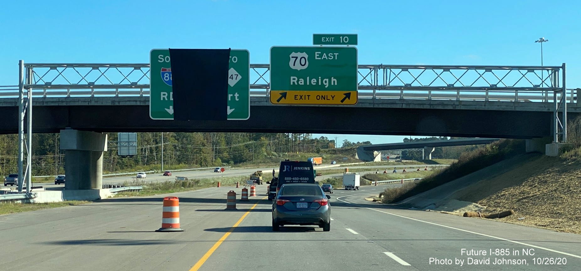 Image of overhead signage at the now opened exit ramp for US 70 East from Future I-885 South/East End Connector in Durham, by David Johnson October 2020