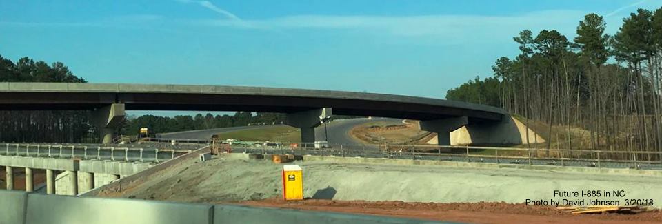 Image of flyover ramp for future NC 147 South to I-885 North traffic in East End Connector work zone in Durham, by David Johnson