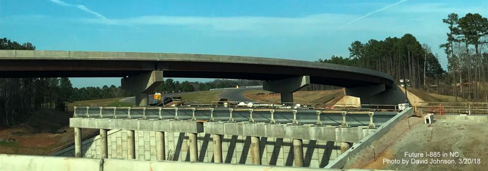 Image of new bridge construction from temporary NC 147 North lanes in East End Connector work zone in Durham, by David Johnson