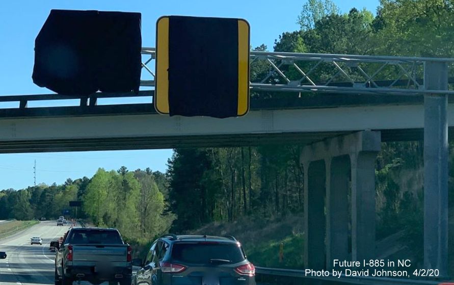 Image of overhead sign recently installed after East End Connector interchange in Durham on NC 147 (Future I-885) South, by David Johnson, April 2020