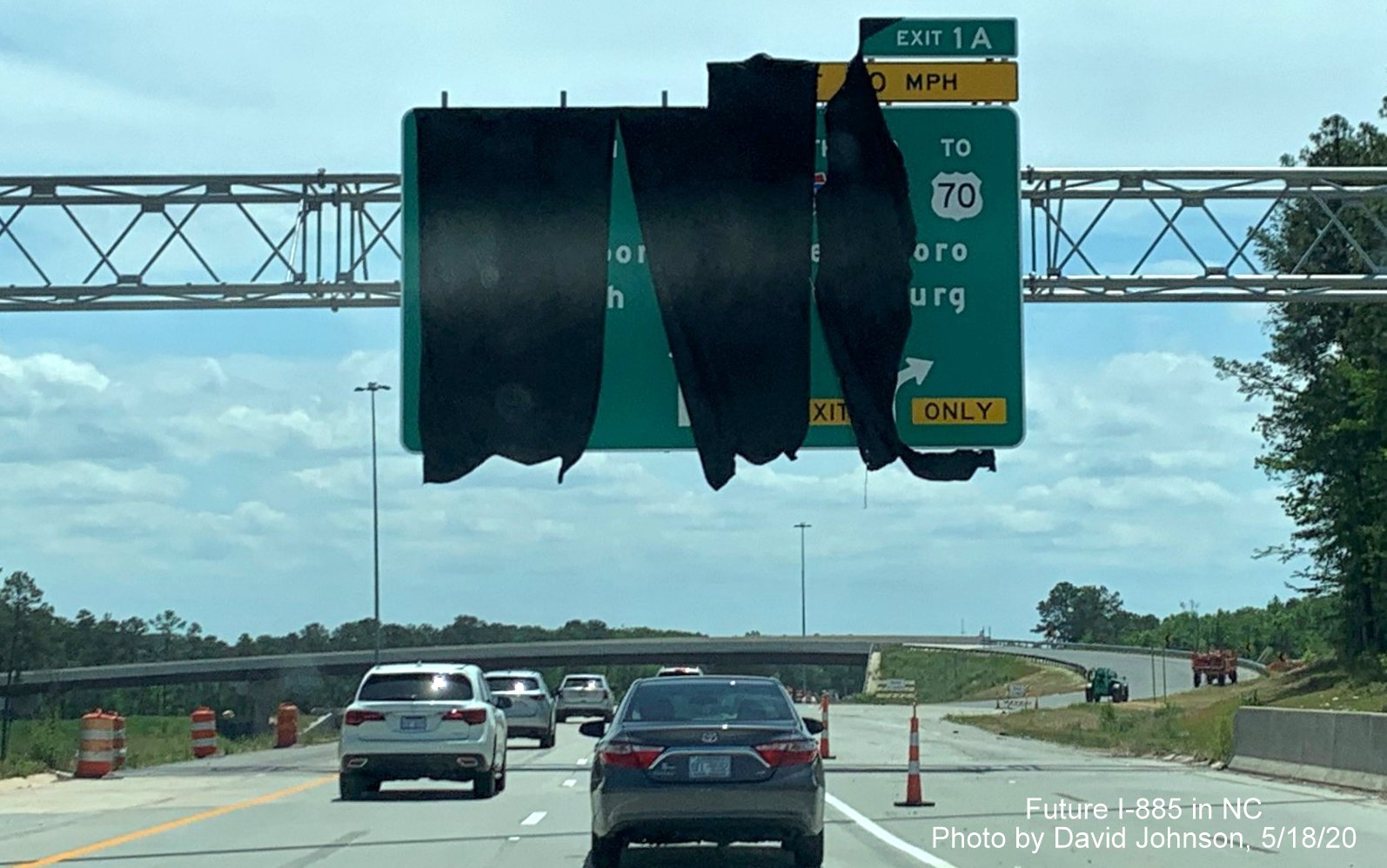 Image of recently placed overhead exit sign at ramp to Future I-885 North/East End Connector with correct exit number on NC 147 South in Durham, by David Johnson in May 2020
