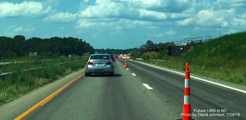 Image of raised lanes for future I-885 roadway from current US 70 West in East End Connector Project work zone in Durham, by David Johnson