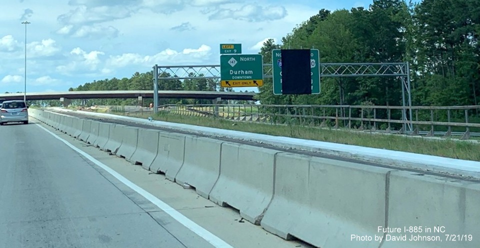 Image of recently placed overhead signs at future exit to NC 147 North on I-885 North in Durham, by David Johnson