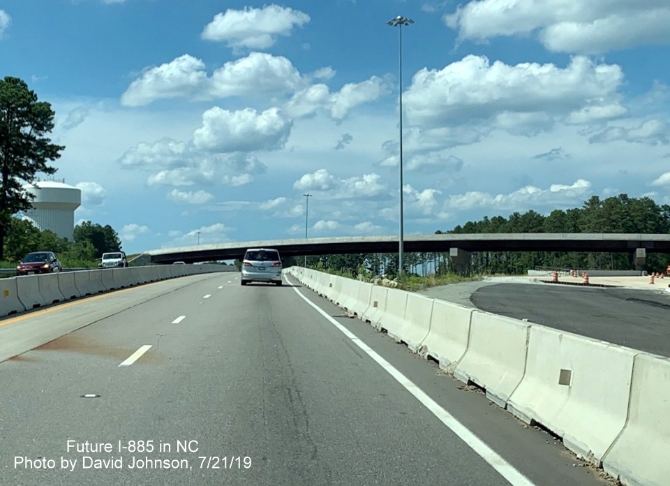 Image of future merge between NC 147 South lanes and I-885 South onramp in East End Connector Project work zone in Durham, by David Johnson