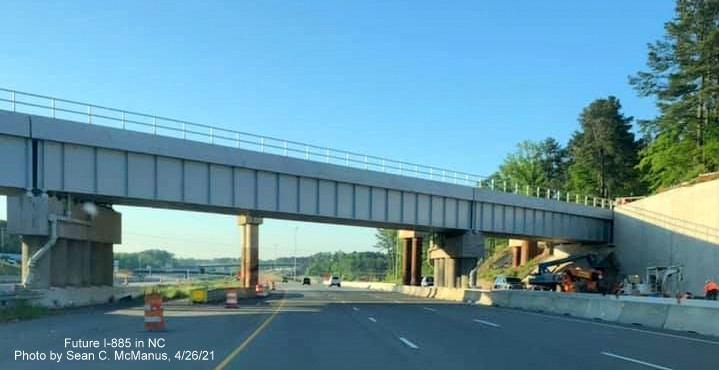 Image of still under construction railroad bridge over Future I-885 South/US 70 East in Durham, by Sean C. McManus, April 2021