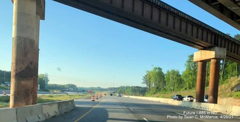Image of temporary railroad bridge still in place over Future I-885 South/US 70 East in Durham, by Sean C. McManus, April 2021