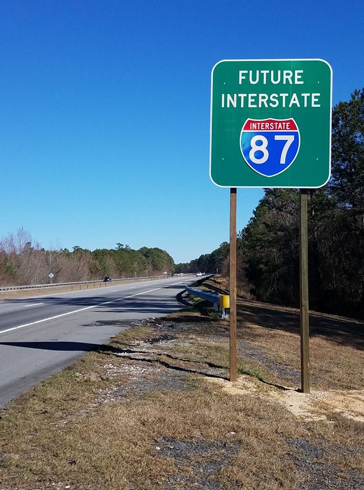Image of newly placed Future I-87 sign on US 64 in Edgecombe County, by Adam Prince