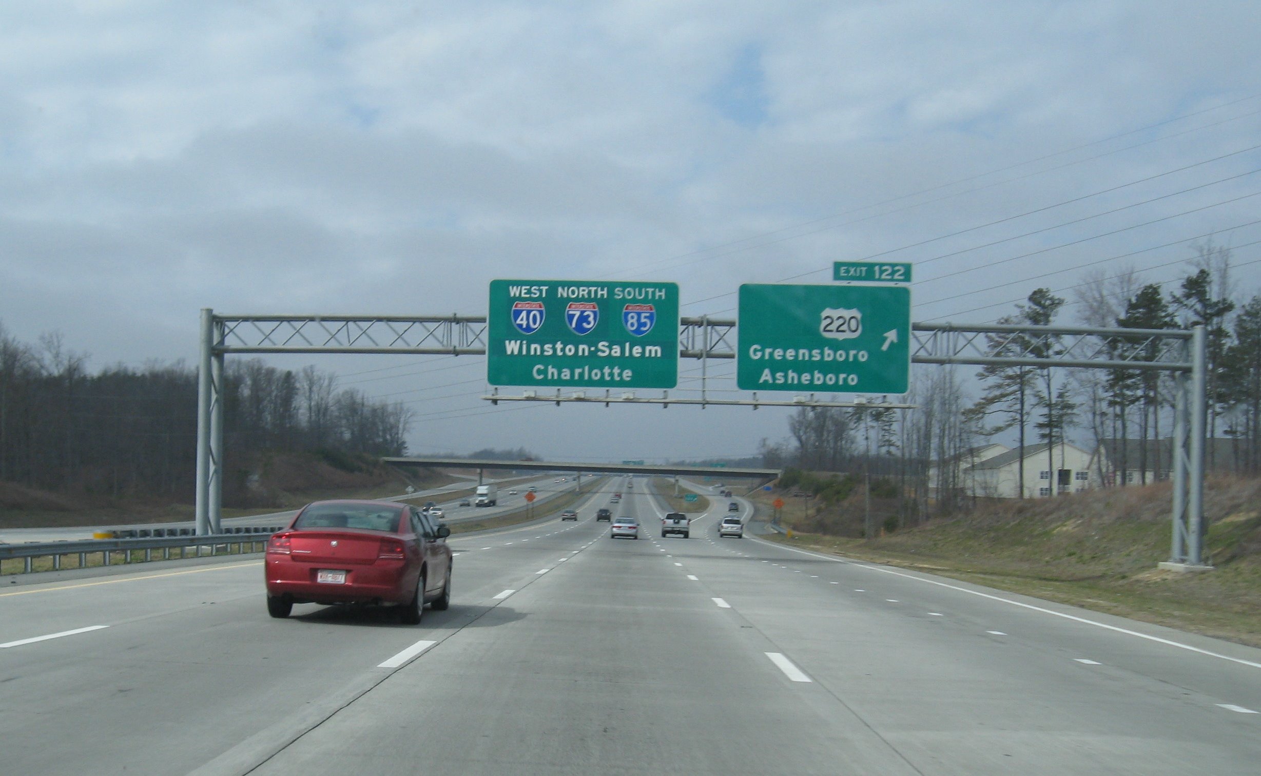 Image of overhead signs at I-73 exit when I-40 was routed on Greensboro Loop in 2008