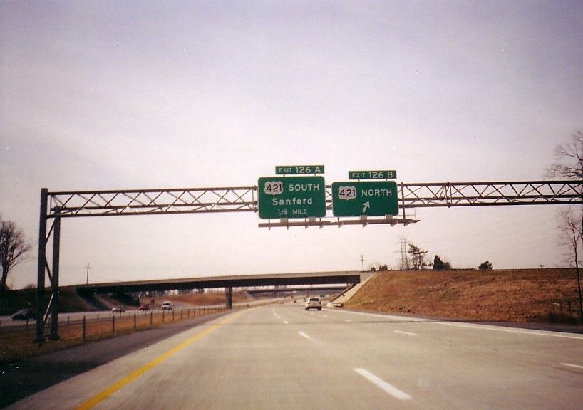 Image of exit signage from 2008 for US 421 exit prior to rerouting along I-85 South, by Adam Prince