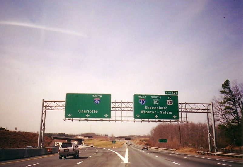 Image of exit signage on I-85 South/I-40 West at northern end of Greensboro Loop in 2008, by Adam Prince