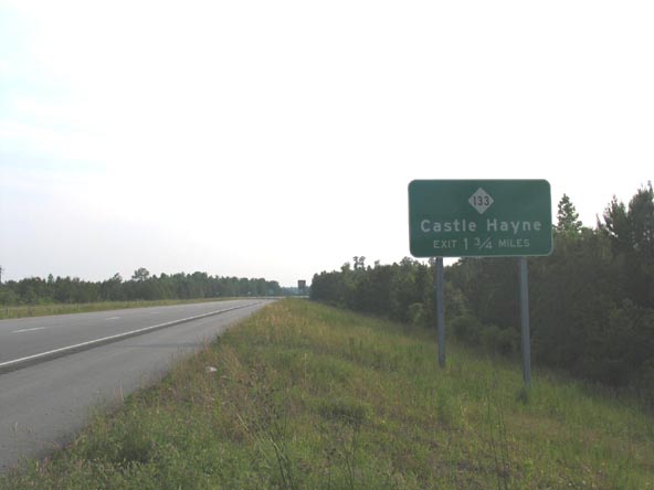 Photo of exit signage for NC 133 interchange along West I-40 near Wilmington, May 
2006