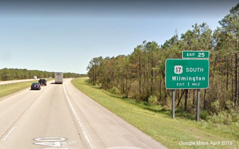 Google Maps Street View image of ground mounted 1-mile advance sign for US 17 South exit on NC 140 East in Scott's Hill, taken in April 2019