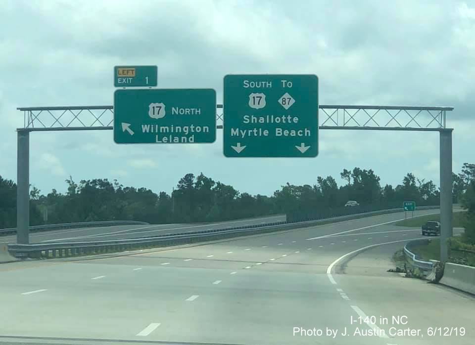 Image of overhead signage for US 17 at the end of I-140 West in Brunswick County, by J. Austin Carter